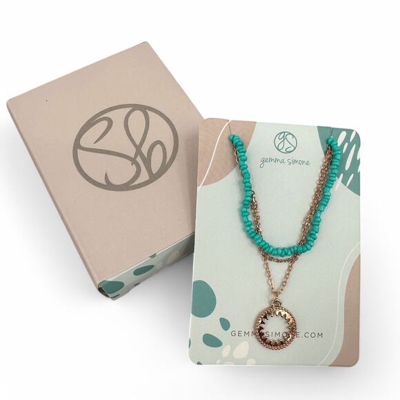 Gemma Simone Circulus Necklace Layered Aqua Beads Goldtone Sun Charm - Picture 2 of 4